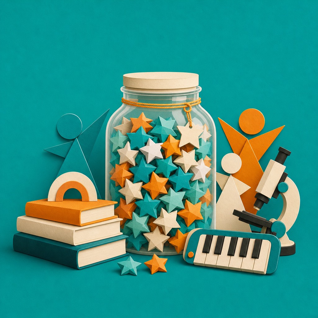 Illustration in Papier-Collage: Ein Glas voller Wunschsterne neben Büchern, Keyboard und Mikroskop