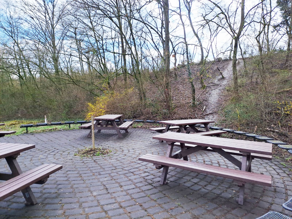Sitzgruppen aus Recyclingkunststoff auf einem gepflasterten Rund am Waldrand des Schulgeländes