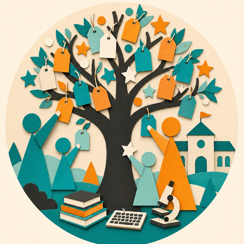 Illustration in Papier-Collage: ein Wunschbaum voller bunter Wunschkarten, darunter Figuren, Bücher, Keyboard und Mikroskop vor einem Schulgebäude